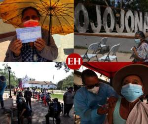 Sentaditos como en la escuela y en orden, los adultos mayores de Ojojona uno a uno fueron recibiendo su primera dosis de la vacuna contra covid-19 donada por El Salvador y el fotorreportero Johny Magallanes captó el momento en el antañón lugar. Fotos: Johny Magallanes/El Heraldo.