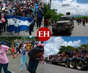 Unos 3,000 migrantes hondureños ingresaron este jueves a Guatemala por una frontera terrestre, tras romper un cerco militar y con la intención de llegar a Estados Unidos a pie, en medio de la pandemia del coronavirus. Fotos: AFP.