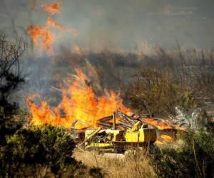 Un bombero a bordo de un equipo de maquinaria pesada crea un cortafuegos mientras se aproxima el incendio María en los alrededores de Santa Paula. Foto: AP.
