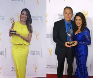 Tanto Maity Interiano como Dunia Elvir posaron muy elegantes con su trofeo del Emmy, poniendo en alto el talento hondureño en el exterior, foto: El Heraldo.