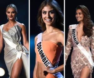 En esta imagen aparecen las representantes de Estados Unidos, Colombia y Australia, participando en las diferentes pasarelas del Miss Universo 2018.