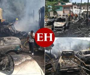 Reducidos a cenizas, así quedaron los cinco vehículos que estaban dentro del taller que sufrió un incendio este viernes en la colonia Miramesí de Tegucigalpa, capital hondureña. (FOTOS: Marvin Salgado / EL HERALDO)