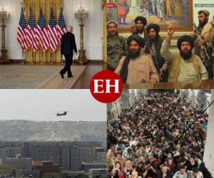 Joe Biden solo en una enorme mesa en Camp David. Un helicóptero evacuando a diplomáticos de la embajada de Estados Unidos en Kabul. Militantes armados gritando victoria en Afganistán: el triunfo de los talibanes generó imágenes históricas que podrían empañar el legado del presidente estadounidense. Fotos: AFP | AP | Cortesía