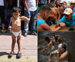 Niños y adultos, todos por igual, aprovechan las horas de descanso para asearse, jugar y dejar atrás las horas de camino que los mantienen exhaustos. Fotos: AFP
