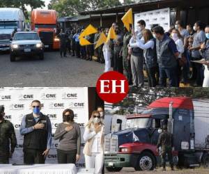 Con banderines amarillos, elevados y agitados por las autoridades del Consejo Nacional Electoral, arrancó esta mañana la distribución de las primeras 4,059 maletas electorales que serán entregadas en cinco departamentos de Honduras. Fotos: David Romero/EL HERALDO