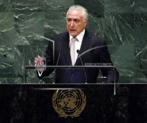 El presidente de Brasil, Michel Temer, se dirige a la 73 sesión de la Asamblea General de las Naciones Unidas, en la U.N. sede, martes, septiembre 25, 2018. (Foto AP / Richard Drew).