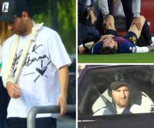 Leo Messi apareció este martes con el brazo derecho vendado, tras sufrir una fractura que lo dejará fuera tres semanas. Fotos: Diario Sport