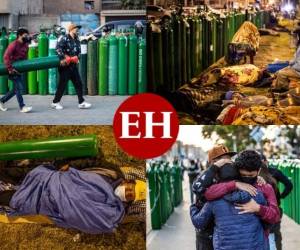 Cientos de peruanos hacen cada día filas de hasta 72 horas y duermen en la calle, expuestos al frío y la delincuencia, para conseguir un cilindro de oxígeno y así mantener vivos a sus seres queridos enfermos de covid-19. Las imágenes son dolorosas e impactantes. Fotos: AFP