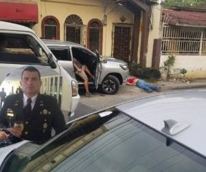 Escena del crimen ocurrido en San Pedro Sula. En la imagen circular aparece Wilfredo Salazar Barahona, uno de los expolicías asesinados.