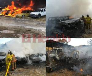 Al menos ocho vehículos en poder de la Oficina Administradora de Bienes Incautados (OABI) tomaron fuego este miércoles en la capital de Honduras. (Fotos: Marvin Salgado / EL HERALDO)