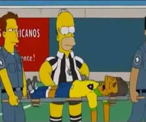 Homero Simpson es el árbitro. Neymar (El Divo) se marcha en camilla.