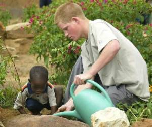 El príncipe Harry y Mutsu Potsane, de 4 años de edad, plantan un árbol frutal en el Hogar Infantil Mants'ase, cerca de Mohale's Hoek, Lesotho. Foto AP