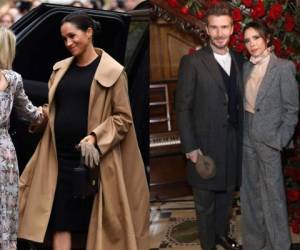 En la foto de la izquierda, Meghan a su llegada a Smart Works usando la cartera de la de la firma Victoria Beckham, en la siguiente, la diseñadora y su pareja David Beckham.
