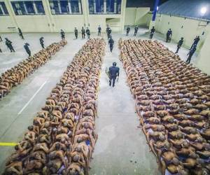 TOPSHOT - Handout picture released on April 25, 2020 by El Salvador's Presidency press office showing inmates at the Izalco prison, northwest of San Salvador, during a security operation within the COVID-19 coronavirus pandemic, after President Nayib Bukele decreed a maximum emergency in all penitentiary centers housing gang members. - Bukele ordered the director general of Penitentiary Centers, Osiris Luna Meza, to decree a maximum emergency, following intelligence reports detailing that the recent increase in homicides in the country was registered by orders issued from prisons. (Photo by Handout / EL SALVADOR'S PRESIDENCY PRESS OFFICE / AFP) / RESTRICTED TO EDITORIAL USE - MANDATORY CREDIT 'AFP PHOTO / EL SALVADOR'S PRESIDENCY PRESS OFFICE' - NO MARKETING - NO ADVERTISING CAMPAIGNS - DISTRIBUTED AS A SERVICE TO CLIENTS