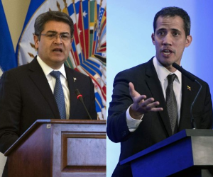 A la izquierda Juan Orlando Hernández, presidente de Honduras, a la derecha Juan Guaidó, autoproclamado presidente de Venezuela. Fotos AFP