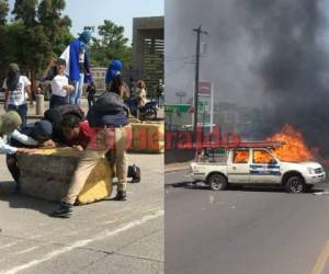 Supuestos estudiantes universitarios incendiaron un vehículo en el anillo periférico de la capital. Foto: El Heraldo