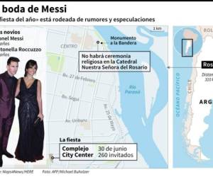 Lionel Messi y Antonella Rocuzzo a sellar su amor en el altar en Rosario, Argentina. (Infografía: AFP)