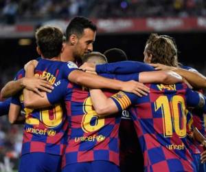 Celebración de uno de los goles del Barcelona al Villarreal. Foto:AFP
