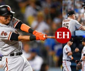 El hondureño Mauricio Dubón tuvo una noche fantástica con los Gigantes de San Francisco. Dubón conectó tres hits en cuatro turnos al bate y remolcó tres carreras, lo que fue clave para que su equipo derrotara el viernes 5-4 a los Dodgers de Los Ángeles. Fotos: Agencia AP.