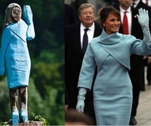 La estatua fue hecha en alusión a la primera dama vistiendo un traje y guantes de color gris que usó en la inauguración del mandato presidencial de su esposo, en enero de 2017. Foto: AFP