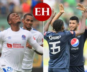 Deybi Flores y Jerry Bengtson de Olimpia esperan quedarse con la copa. Marcelo Pereira de Motagua celebrando con Martínez la clasificación de su equipo a la gran final.