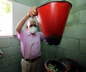 El octogenario levanta la copa del molino para mostrar cómo se muele el grano de maíz. Fotos: David Romero / EL HERALDO.