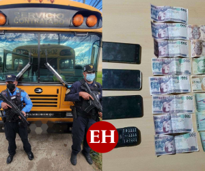 Dos unidades de transporte que fueron decomisadas por la Policía Nacional. El dinero y teléfonos celulares decomisados en la detención.