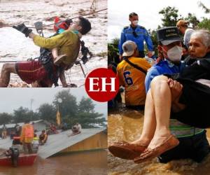 El paso de la tormenta tropical Eta por Honduras dejó severos daños a cientos de hondureños que perdieron todo por las inundaciones y las fuertes corrientes de agua. Fotos: AP/AFP/Twitter