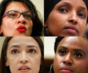 Las representantes Alexandria Ocasio-Cortez, Ilhan Omar, Ayanna Pressley y Rashida Tlaib son ciudadanas estadounidenses y solo una de ellas inmigró desde otro país. Foto: AP.