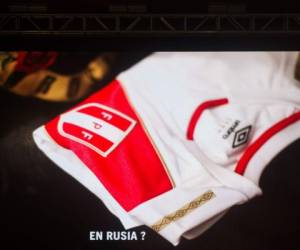 En la camisa resaltan líneas doradas en la tradicional franja y el escudo, en honor al regreso de Perú al Mundial tras 36 años de ausencia. Foto: Agencia AFP / El Heraldo.