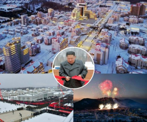 Muy sonriente, efusivo y rodeado de fuegos artificiales, Kim Jong-un, líder de Corea del Norte, celebró la inauguración de Samjiyon, una 'ciudad perfecta' en los confines del país, situada cerca del monte Paektu. Fotos AFP