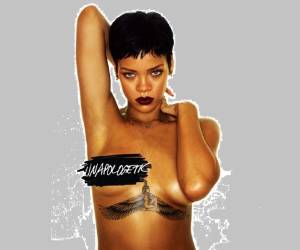 Este diseño de Rihanna contiene la imagen de la diosa egipcia Isis con sus alas y semiarrodillada.