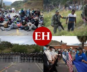 A casi cuatro días de haber salido de Honduras, miles de migrantes continúan varados en la comunidad de Vado Hondo, Chiquimula, Guatemala. A algunos, la parada obligatoria les ha ayudado a recobrar la fuerza física, pero la tensión frente a los cercos policiales que no dan el brazo a torcer, los debilita emocionalmente. Aún así, permanecen al pie de la bandera, pues afirman que volver no es una opción. Fotos: AFP