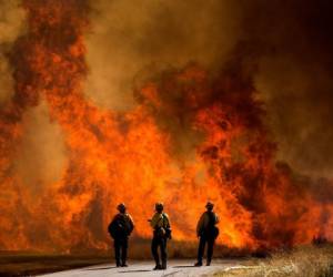 Bomberos observan las llamas del nombrado Incendio Apple en Cherry Valley, California, el sábado 1 de agosto de 2020.