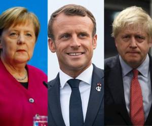 La canciller (Angela Merkel), el presidente francés (Emmanuel Macron) y el primer ministro británico (Boris Johnson). Foto: Agencias.