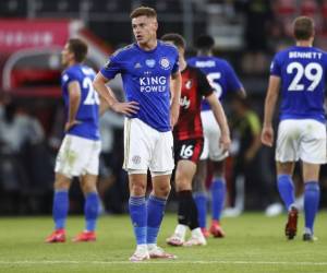 Harvey Barnes de Leicester tras la derrota ante Bournemouth en el partido por la Liga Premier inglesa en Bournemouth, el domingo 12 de julio de 2020. (AP Foto/Michael Steele, Pool).