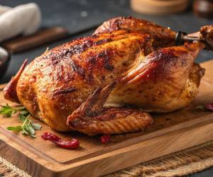 Pavo asado, el plato central del Thanksgiving. Puede prepararse al horno, ahumado o marinado estilo “butter-basted”. Muchas familias lo sirven con relleno tradicional y gravy casero.
