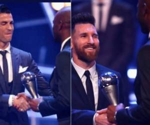 Momento en el que Cristiano Ronaldo y Leo Messi reciben el reconocimiento de la mano de David Suazo. (Fotos: Agencias)
