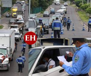 La nueva medida vigente desde anoche ha causado largas filas debido a los operativos que se efectúan para verificar su cumplimiento. Fotos: Estalin Irías/EL HERALDO.