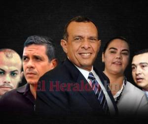 Los rostros de los involucrados en los casos que salpican a Pepe Lobo: Devis Maradiaga, Fabio Lobo, Rosa Elena Bonilla y Tony Hernández (de izquierda a derecha).