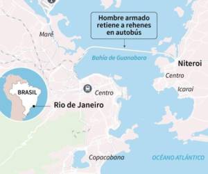 Mapa de Río de Janeiro, Brasil, localizando el puente donde un hombre armado retuvo a un grupo de personas en un autobús antes de ser abatido por la policía.