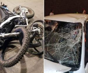 Así quedó la motocicleta y el taxi tras el impacto que acabó con la vida de un ciudadano este sábado en la capital hondureña.