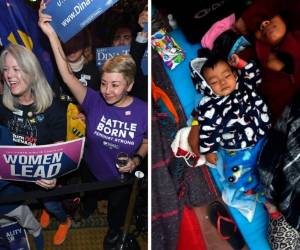 Esta imagen es una composición de personas que salieron a votar en las elecciones intermedias de los Estados Unidos y los hondureños que viajan en la caravana migrante que actualmente está en México.