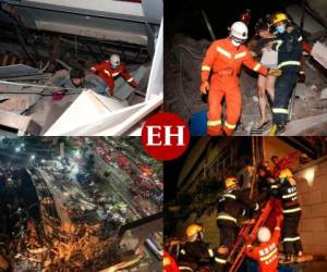 Unas 70 personas permanecían atrapadas este sábado bajo los escombros tras el desplome de un hotel en la ciudad china de Quanzhou, en el sureste del país, utilizado para albergar a personas en cuarentena por el coronavirus, informaron fuentes oficiales. Fotos: Agencia AP/AFP.
