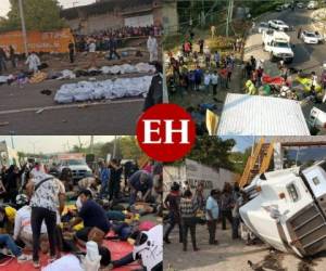 Al menos 49 migrantes murieron este jueves luego que un trailer en el que viajaban clandestinamente chocó contra un muro de contención y volcó en una carretera del sureño estado mexicano de Chiapas, informaron fuentes de la fiscalía estatal. Fotos cortesía.