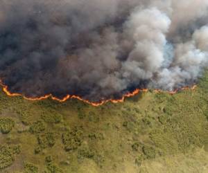 Esta fotografía distribuida por la Secretaría de Ecología y el Medio Ambiente del estado de Quintana Roo muestra un incendio que arde en la reserva natural Sian Ka'an, en la península de Yucatán, México. (SEMA vía AP)