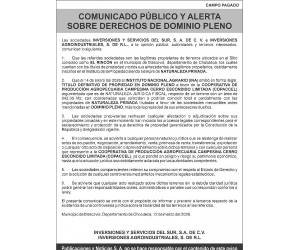 Las sociedades propietarias de terrenos en el sitio El Rincón, municipio de Marcovia, emitieron un comunicado público para informar sobre una controversia legal relacionada con la titularidad de las propiedades.