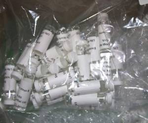 La Oficina de Aduanas y Protección Fronteriza muestra un paquete que contiene presuntos equipos falsos de prueba del Covid-19 que fueron interceptados en el aeropuerto internacional de Los Ángeles, adonde llegaron procedentes de Gran Bretaña. Foto: AP.