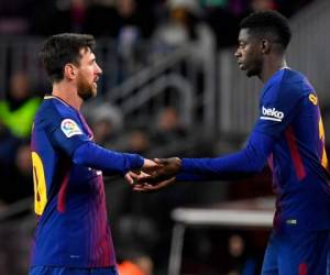 Messi y Dembelé en el duelo ante Real Sociedad en Anoeta. Foto AFP