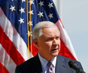 Attorney General Jeff Sessions speaks at a news conference after touring the U.S.-Mexico border with border officials, Tuesday, April 11, 2017, in Nogales, Ariz. Sessions announced making immigration enforcement a key Justice Department priority, saying he will speed up deportations of immigrants in the country illegally who were convicted of federal crimes. (AP Photo/Ross D. Franklin)